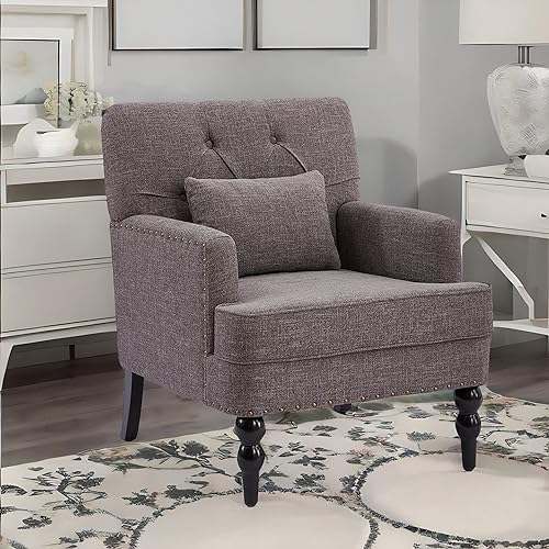 HUIMO Accent Chair, Tufted Upholstered Club Chair, Grey | Tufted upholstered club chair with lumbar pillow and solid wood legs. Suitable for living rooms, bedrooms, and reading nooks. - color: Grey