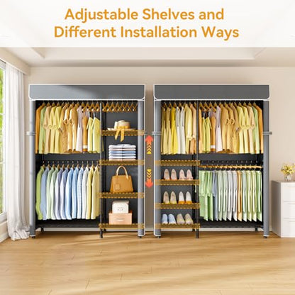 F2C Clothes Rack with Cover, Gray Covered Clothing Racks | Heavy Duty Garment Rack with Shelves and Hanger Rods, Portable Closet System, 47.2"W x 16.5"D x 78.3"H, Load 630lbs - color: Black Closet with Gray Cover