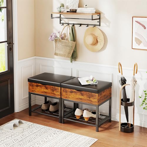 Shoe Storage Bench, Small Ottoman with Storage, Padded Seat, Brown