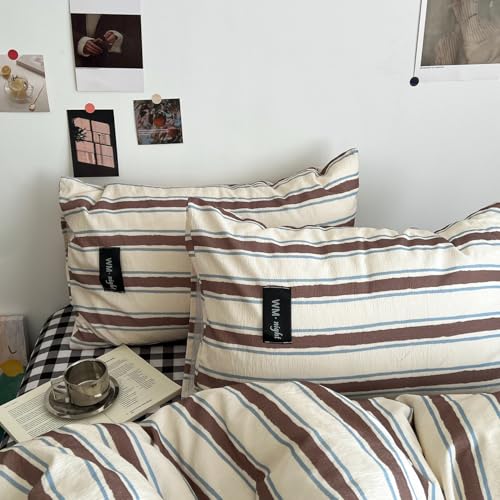 Striped Duvet Cover Twin Size Brown Blue Stripes Bedding Set Retro Striped Geometric Pattern Duvet Cover Set Soft Lightweight Microfiber Quilt Cover with Zipper Closure and 1 Pillowcase - color: Brown Blue Striped, size: Twin (1 Duvet Cover + 1 Pillowcase