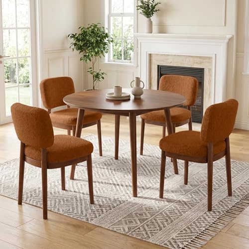 Wooden Dining Chairs Set of 4, Boucle Upholstered Kitchen Chairs with Solid Wood Legs, Mid Century Modern Dining Chairs, Farmhouse Side Chair with Hardwood Frame for Dining Room, Brown - color: Brown, size: Set of 4