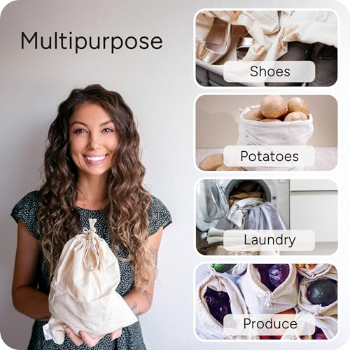 Cotton Storage Bags – X-Large 14x17 Inch (6-Pack) – Reusable Muslin Bags with Drawstrings – Biodegradable Canvas Fabric Sacks – Perfect for Bread, Bulk Produce, Potatoes, Onions, Shoes - size: X-Large 14x17"(6pack)
