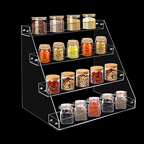 PMMASTO 4-Tier Clear Acrylic Spice Rack Organizer for Cabinet Countertop | Raised Step Design, Keeps Spice Jars, Seasonings and Cans Visible, Ideal for Countertops, Kitchen Cabinets and Pantry Storage - size: 4 Tier - inner width 1.93"