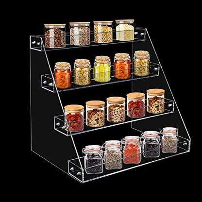 PMMASTO 4-Tier Clear Acrylic Spice Rack Organizer for Cabinet Countertop | Raised Step Design, Keeps Spice Jars, Seasonings and Cans Visible, Ideal for Countertops, Kitchen Cabinets and Pantry Storage - size: 4 Tier - inner width 1.93"