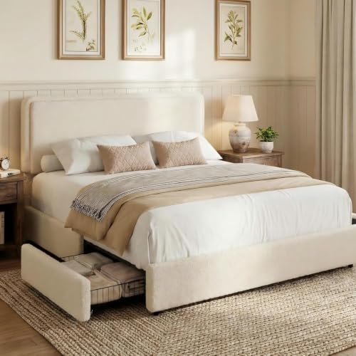 GarveeHome Queen Size Bed Frame with 2 Storage Drawer, Cream Beige | Teddy Fleece Thick Upholstered Platform Bed Frame with Adjustable Headboard, No Box Spring Needed - size: Queen