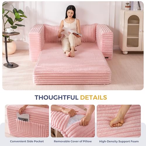 MAXYOYO Convertible Sofa Bed, Pull-Out Loveseat Couch Bed for Small Space | 2 in 1 Folding Couch Bed with Large Back Pillow, Plush Faux Fabric Lounge Couch for Living Room, Apartment, Pink - color: Pink