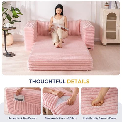 MAXYOYO Convertible Sofa Bed, Pull-Out Loveseat Couch Bed for Small Space | 2 in 1 Folding Couch Bed with Large Back Pillow, Plush Faux Fabric Lounge Couch for Living Room, Apartment, Pink - color: Pink