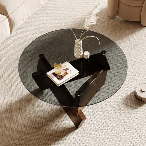 Honyee Modern Round Coffee Table, 30.7" x 30.7" x 16.1" Tempered Glass Top for Living Room, Color: Walnut - color: Walnut