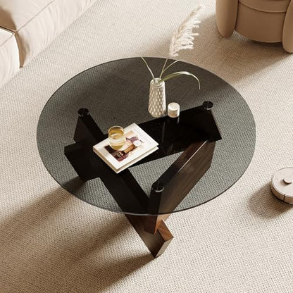 Honyee Modern Round Coffee Table, 30.7" x 30.7" x 16.1" Tempered Glass Top for Living Room, Color: Walnut - color: Walnut