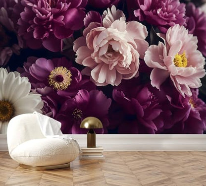 AFZEVEB-Dark Peony Floral Peel and Stick Wallpaper Purple Flowers Mural - color: Z804, size: 118" x 84"