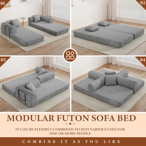 77" Convertible Sofa Bed, Modular Folding Futon Corduroy Floor Foam Compressed Loveseat Sleeper Sofa Couch, Pull Out Queen Size Couch Bed with 2 Pillows for Living Room Guest Room Studio, Light Grey