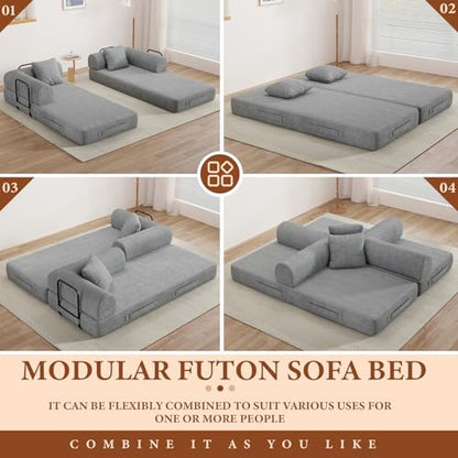 77" Convertible Sofa Bed, Modular Folding Futon Corduroy Floor Foam Compressed Loveseat Sleeper Sofa Couch, Pull Out Queen Size Couch Bed with 2 Pillows for Living Room Guest Room Studio, Light Grey
