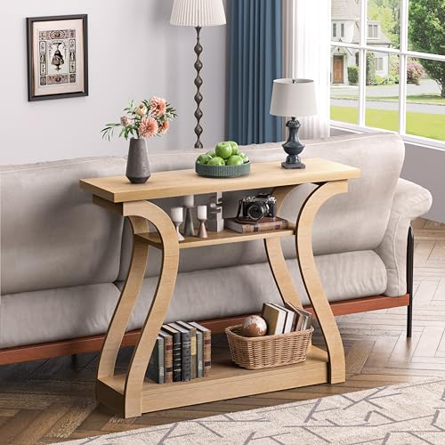 Wood Console Table, 3-Tier Natural Accent Sofa Table | 47" Entry Table with Curved Legs, 3-tier Shelf Modern Accent Sofa Table for Entrance Area, Living room, Hallway - color: Natural