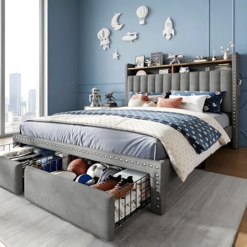 EnHomee Full Size Bed Frame with 2 Drawers & 2-Tier Storage Headboard Shelf | 2 side pockets, Under-Bed space, Fabric upholstered, 1000lbs for bedroom apartment, Noise-Free, Easy Assembly, Grey - color: Grey, size: Full