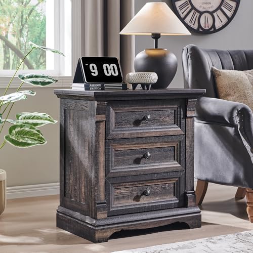 26"H Night Stand Set of 2, 23.6"W Wooden End Table with Charging Station | Wood Side Table w/Roman Column, End Tables Living Room Set Of 2, Bedside Cabinet for Bedroom, Living Room, Dark Rustic Oak - color: Dark Rustic Oak, size: 23.6"W x 15.7"D x 26"H