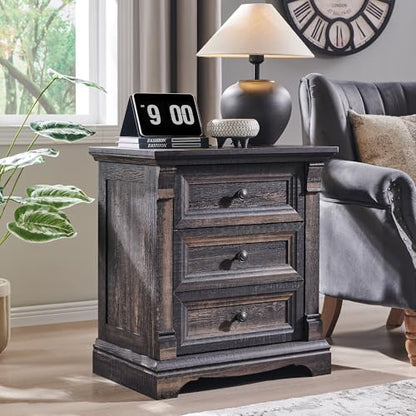 26"H Night Stand Set of 2, 23.6"W Wooden End Table with Charging Station | Wood Side Table w/Roman Column, End Tables Living Room Set Of 2, Bedside Cabinet for Bedroom, Living Room, Dark Rustic Oak - color: Dark Rustic Oak, size: 23.6"W x 15.7"D x 26"H