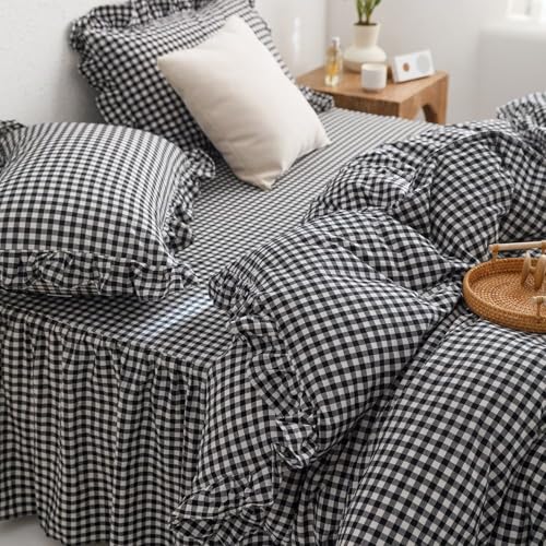 MKXI Black and White Gingham Duvet Cover Twin, 3-Piece Ruffled Bedding Set - 100% Washed Cotton, Lightweight & Breathable - Modern Graphic Bold Comforter Cover for Farmhouse - color: 002 Ruffle- Black Gingham, size: Twin