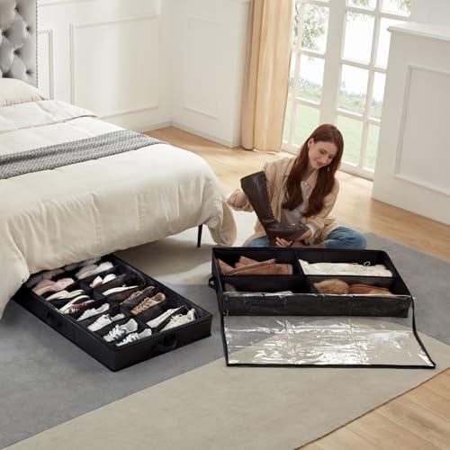 Lifewit Under Bed Shoe Storage Organizer 1 Pack(16 Shoes Cells+4 Boots Cells), 4.3 Inches Profile Fabric Shoes Container Box with Clear Cover, Foldable Storage Bag with 2 Handles, Fits 12 to 20 Pairs - style: 16 Shoes Cells+4 Boots Cells