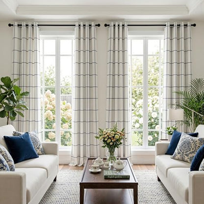 MYSKY HOME 100% Blackout Plaid Linen Curtains 63 Inches Long 2 Panels Double Layer Farmhouse Thermal Insulated Checkered Print Grommet Drapes for Living Room Bedroom, 2 Pcs, 52" Wide, Navy Blue - color: Navy Blue, size: 52"W x 63"L (Pack of 2)