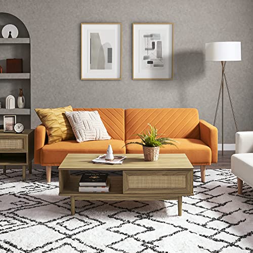 mopio 76.4" Futon Sofa Bed Chevron Styled, Sleeper Couch (Apricot Velvet) | Reclines flat in one motion for overnight visitors; retro tapered legs and a slim build save space. - color: Apricot Velvet