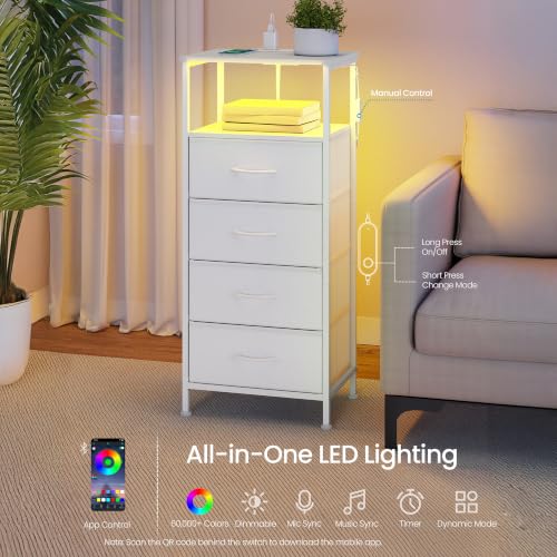 SONGMICS BELLAH Collection - Nightstand with Charging Station and App-Controlled Adjustable LED Lights, Bed Side Table, 4 Drawers and 1 Open Shelf, Modern, Cloud White and Snow White ULGS304WH01S - color: Cloud White + Snow White, size: 4 Drawers