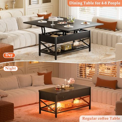 Aheaplus Lift Top Coffee Table with LED Light, Power Outlet & Shelves - Black - color: Black