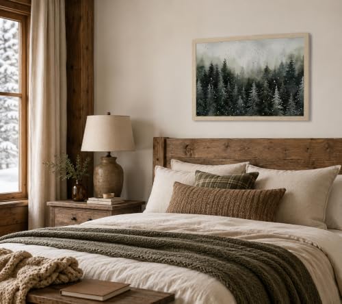Framed Green Pine Forest Wall Art pine tree Canvas Print forest Snow Scene Poster Picture Home Wall Winter Nature Gallery Artwork Painting 12x16 Inch Ready to Hang - color: Winter pine tree, size: 12x16 Inch