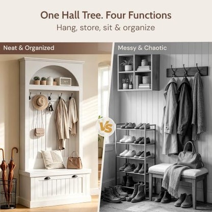 Hall Tree with Bench and Shoe Storage, Farmhouse Entryway Coat Rack with Arched Top Shelf, 5 Hooks, Flip-Down Shoe Cabinet, Beadboard Paneling, Anti-Tip Device, White, 32.7" x 15.8" x 76.8"