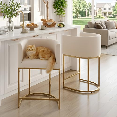 HNY Modern Counter Height Linen Cream Fabric Upholstered Counter Stool Set of 2, 24 Inch Kitchen Island Stool with Gold Metal Frame - color: 24inch Cream,gold Base
