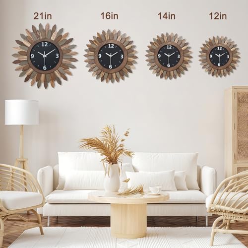 14 Inch Wall Clock, Rustic Wood Boho Sunburst Decorative Wall Clocks Battery Operated Silent Non Ticking Farmhouse Small Wall Clocks for Living Room Kitchen Bedroom Home Decor (Tricolor) - color: Tricolor, size: 14 inch