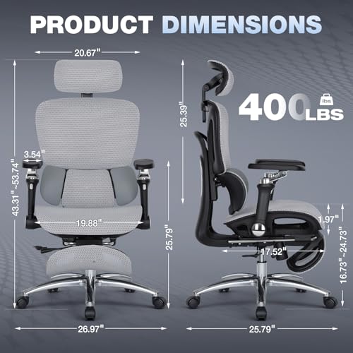 MALOL Ergonomic Office Chair, 400lbs High Back Mesh Desk Chair with 6D Armrests, 3D Headrest, Adjustable Lumbar Support, Seat Depth Adjustment, Tilt Lock, Metal Base & PU Wheels, Grey - color: Grey