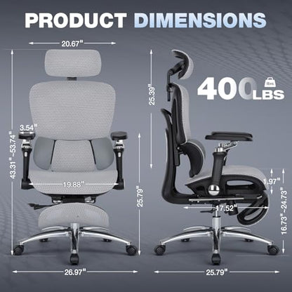MALOL Ergonomic Office Chair, 400lbs High Back Mesh Desk Chair with 6D Armrests, 3D Headrest, Adjustable Lumbar Support, Seat Depth Adjustment, Tilt Lock, Metal Base & PU Wheels, Grey - color: Grey