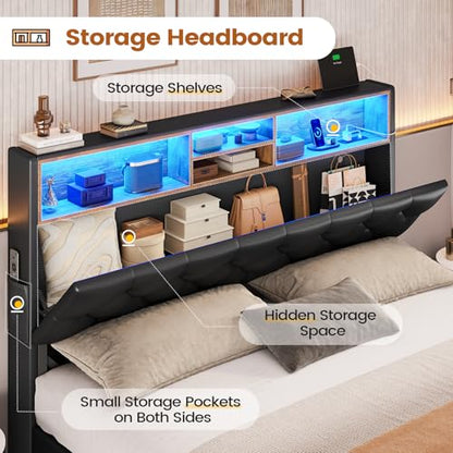Queen Bed Frame with 4 Drawers & Storage Headboard, Lights, Black PU | LED Bed Frame Queen Size with Charging Station, 5 Shelves, Upholstered Bed with Metal Slats, No Box Spring Needed - color: Black-pu Leather, size: Queen