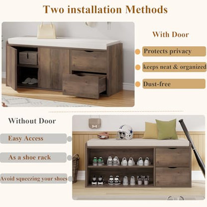 LVB Entryway Bench with Storage, 40" Shoes Bench with Padded Cushioned Seat | Farmhouse Shoe Bench with 2 Drawers Cabinet Shelf, Industrial Wood Shoe Rack Bench for Living Bedroom, Rustic Oak - color: Rustic Oak