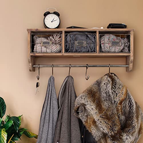 HBCY Creations Wall Mounted Shelf with Coat Hooks and Baskets, Solid Wood Entryway Organizer Wall Shelf with Hooks - Hang Coats, Keys or Coffee Mugs, Rustic Brown 24" Wide - color: Rustic Brown