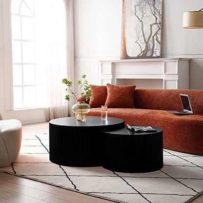 Nesting Coffee Table Set of 2, Modern Round Coffee Table End Table Set for Living Room, Wood Circle Drum Side Table,Black - color: Black