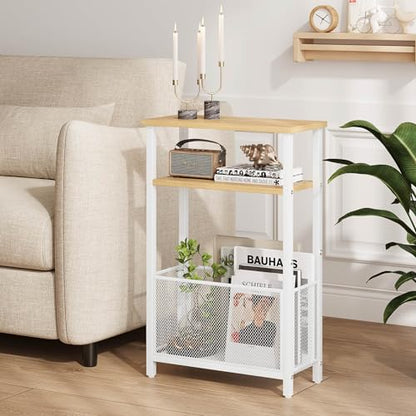 MMEOLUOOK Narrow Side Table with Storage Basket Skinny End Tables for Smalls Spaces 3 Tier Sofa Table Small Nightstand Slim Bedside Table for Living Room Bedroom Natural Wood MLBZ22Y - color: Natural