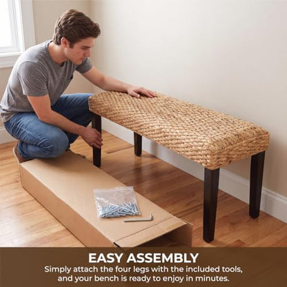 Solid Wood Acacia Indoor Bench, Water Hyacinth Seat, Black Leg, Plait Style | Natural Woven Seat, Boho Entryway, Farmhouse Modern Style, Multi-Room Use - color: Plait - Black Leg & Water Hyacinth