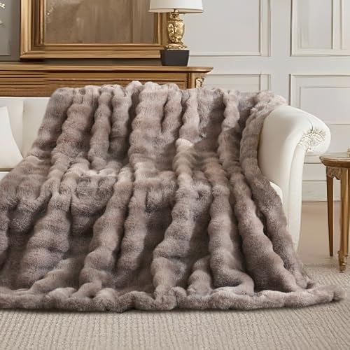Faux Fur Throw Blanket, Ultra Soft Fuzzy Plush Bubble Blanket for Couch, Bed & Living Room, 60"x80", Cationic Bear Brown - color: Heather Brown, size: 60" x 80"