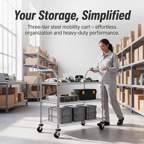 Finnhomy 3-Tier Commercial Grade Rolling Cart, Heavy Duty Utility Cart with Wheels and Handles, Metal Kitchen Carts on Wheels with 500 lbs Capacity, Shelf Size 20" D x 36" W, NSF - size: 20"D x 43.3"W x 39.7"H