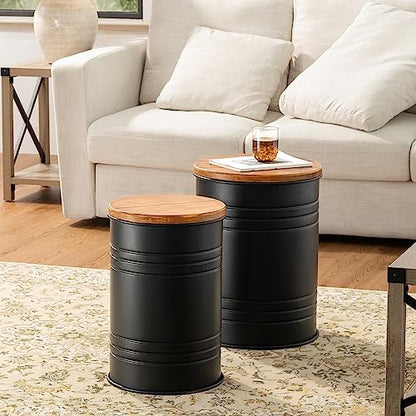 Glitzhome Rustic End Table Set of 2, Farmhouse Galvanized Metal Barrel Ottoman Storage Stool with Round Wood Lid for Living Room Furniture, Black - color: Black