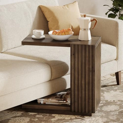 Solid Wood Side Table, C-Shaped Narrow End Table with Storage | 2-Tier Farmhouse Bed Side Table with Fluted Panels, Wood Nightstand for Bedroom, Living Room, Small Spaces, Dark Brown - color: Dark Brown