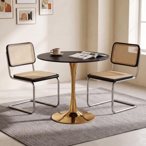 31.5" Round Tulip Dining Table, Circle Tulip Table with MDF Tabletop and Gold Metal Pedestal Base, Mid Century Modern Bistro Table for Kitchen, Dining Room, Cafe (Black and Gold) - color: Black and Gold