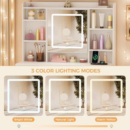 BEWISHOME Vanity Desk with Jewelry Storage,Power Outlet and Cushioned Stool | Makeup Vanity Table with Smart LED Mirror,3 Colors,Dressing Table with 9 Drawers and 6 Shelves for Bedroom Girls White