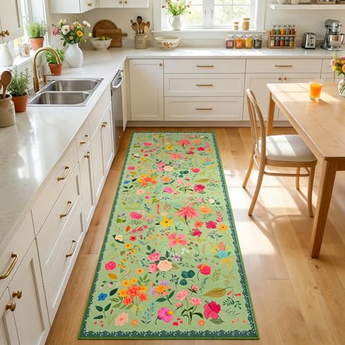 ISEAU Runner Rugs for Kitchen,2x6 Area Rug for Entryway Dorm Rug,Green | Washable Flower Area Rug with Non-Slip Botton for Bedside, Runner for Hallway Nursery Entryway Dining Room Dorm Decor - color: Green, size: 2ftx6ft