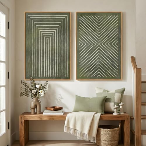 Large Framed Green Abstract Wall Art for Living Room Set of 2, 24x36 In | 2 Piece, Canvas prints, Sage green artwork, Modern minimalist paintings, Geometric pictures, Dining room bedroom wall decor - color: Sage Green Lines, size: 24" W x 36" H x 2Pcs