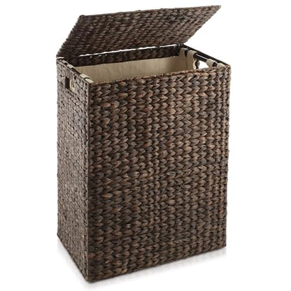 Casafield Large Laundry Hamper with Lid and Removable Liner Bag - Espresso Dark Brown, Woven Water Hyacinth Rectangular Laundry Basket Clothes Sorter - color: Espresso