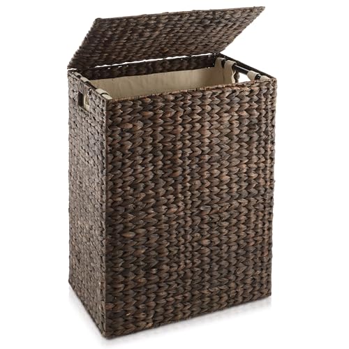 Casafield Large Laundry Hamper with Lid and Removable Liner Bag - Espresso Dark Brown, Woven Water Hyacinth Rectangular Laundry Basket Clothes Sorter - color: Espresso