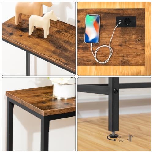 HOOBRO 47.2" Console Table with Power Outlets and USB Ports, Sofa Narrow Entryway Table with Charging Station, Behind Couch Table, Hallway, Foyer, Living Room, Bedroom, Rustic Brown BF301XG01G1