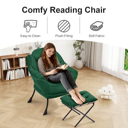 Lazy Chair with Ottoman, Modern Accent Lounge Chair with Side Pocket and Armrests, Cozy Reading Armchair with Footrest, Upholstered Sofa Chair for Small Spaces, Bedroom Living Room, Green - color: Green